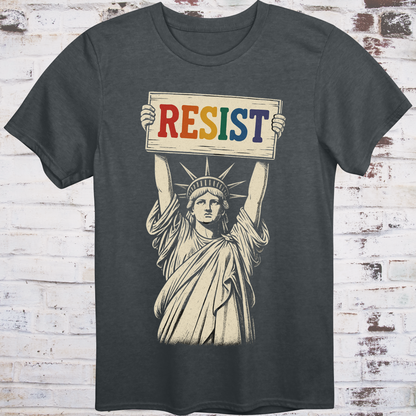 Gray t-shirt featuring vintage illustration of the Statue of Liberty  
holding a rainbow-colored "RESIST" sign –  
progressive pride protest shirt by Democratee’s