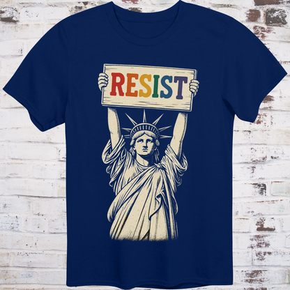 Navy t-shirt featuring vintage illustration of the Statue of Liberty  
holding a rainbow-colored "RESIST" sign –  
progressive pride protest shirt by Democratee’s