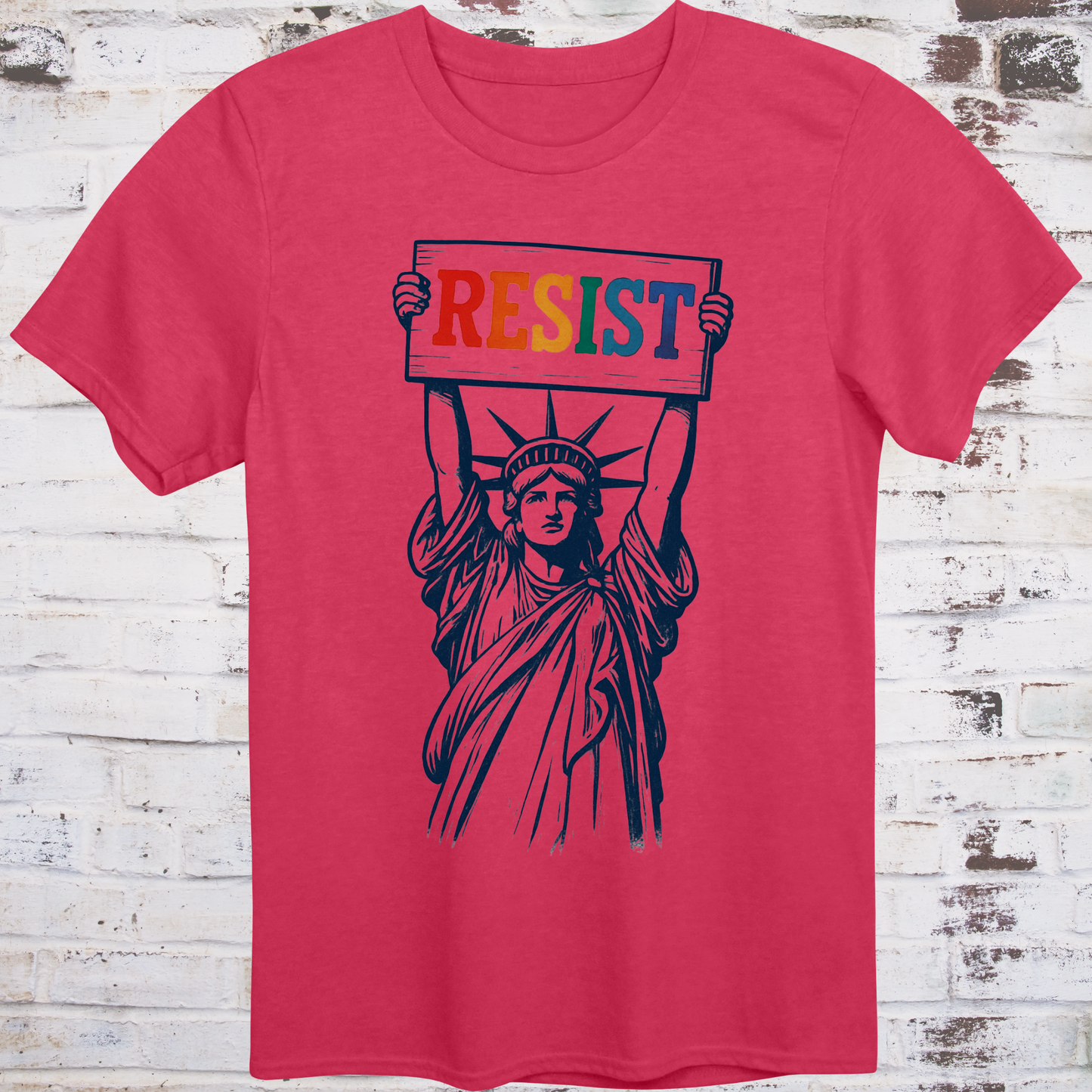 Red t-shirt featuring vintage illustration of the Statue of Liberty  
holding a rainbow-colored "RESIST" sign –  
progressive pride protest shirt by Democratee’s