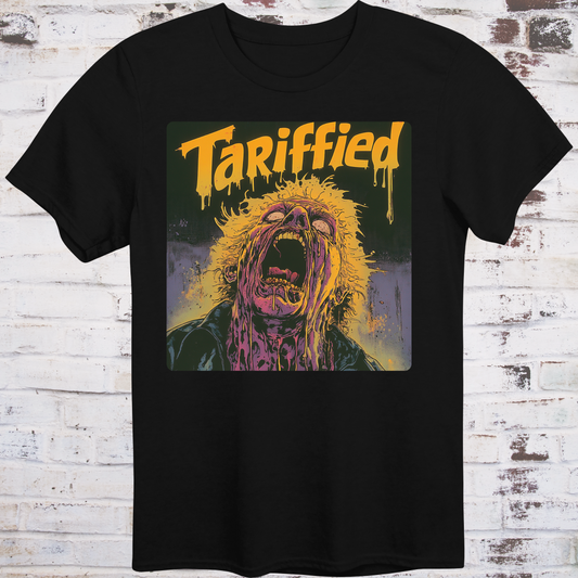 Black t-shirt featuring an alternate version of a horror-style illustration  
with a screaming, melting face and dripping yellow “Tariffied” text –  
political parody tee by Democratee’s