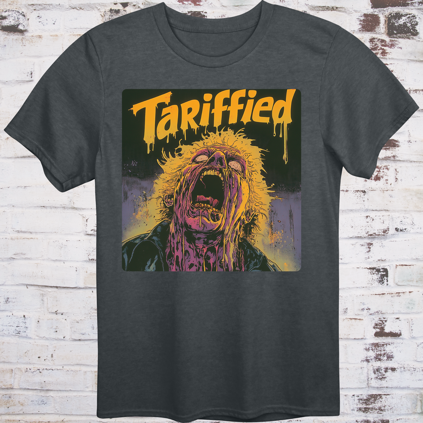 Gray t-shirt featuring an alternate version of a horror-style illustration  
with a screaming, melting face and dripping yellow “Tariffied” text –  
political parody tee by Democratee’s