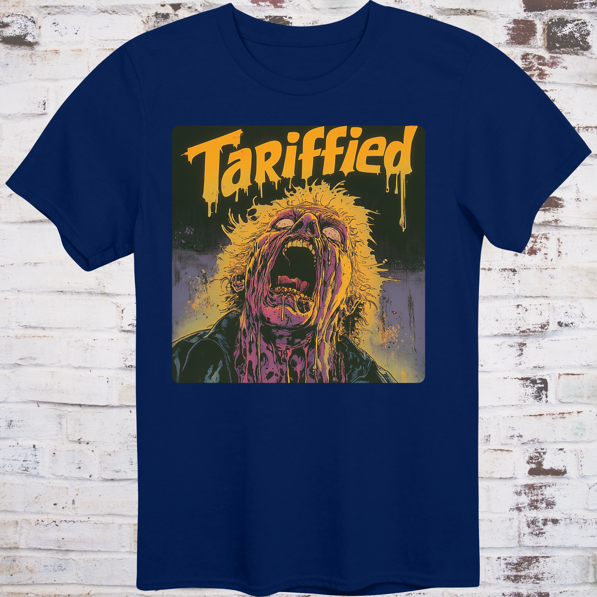 Navy t-shirt featuring an alternate version of a horror-style illustration  
with a screaming, melting face and dripping yellow “Tariffied” text –  
political parody tee by Democratee’s
