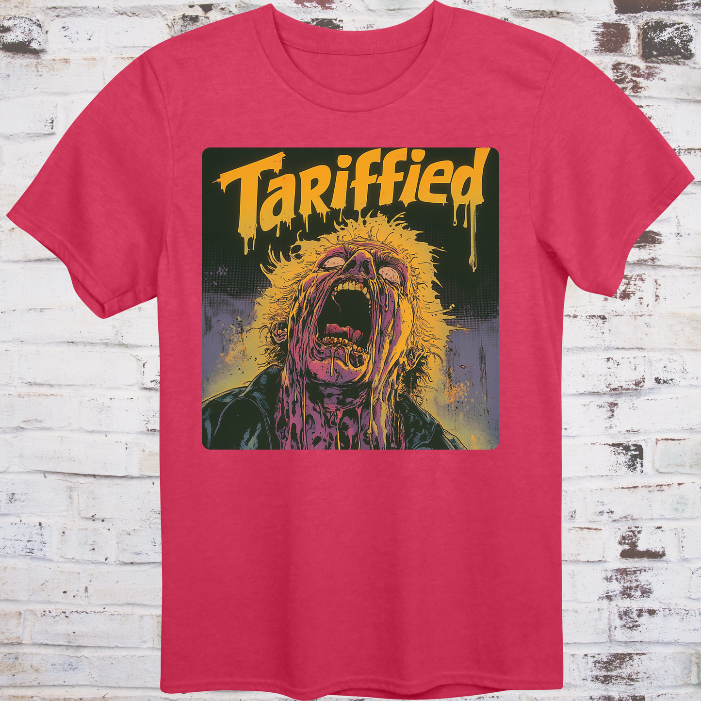 Red t-shirt featuring an alternate version of a horror-style illustration  
with a screaming, melting face and dripping yellow “Tariffied” text –  
political parody tee by Democratee’s