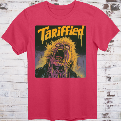 Red t-shirt featuring an alternate version of a horror-style illustration  
with a screaming, melting face and dripping yellow “Tariffied” text –  
political parody tee by Democratee’s