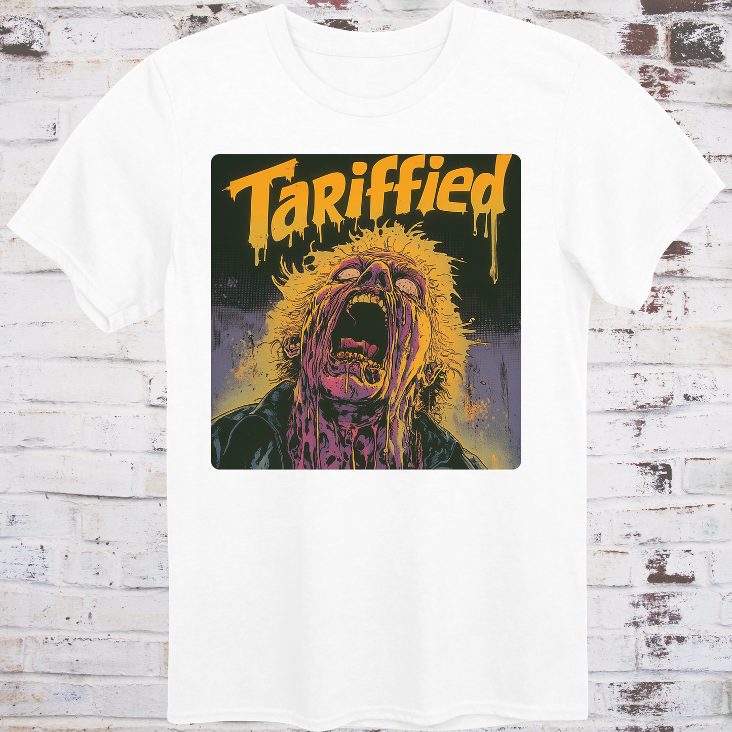 White t-shirt featuring an alternate version of a horror-style illustration  
with a screaming, melting face and dripping yellow “Tariffied” text –  
political parody tee by Democratee’s