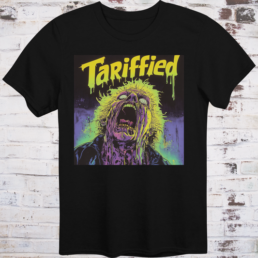 Black t-shirt featuring a neon horror comic-style illustration  
of a screaming figure melting in slime with text “Tariffied” –  
anti-Trump parody shirt by Democratee’s