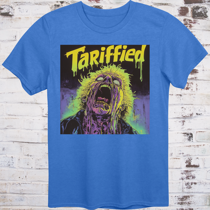Blue t-shirt featuring a neon horror comic-style illustration  
of a screaming figure melting in slime with text “Tariffied” –  
anti-Trump parody shirt by Democratee’s