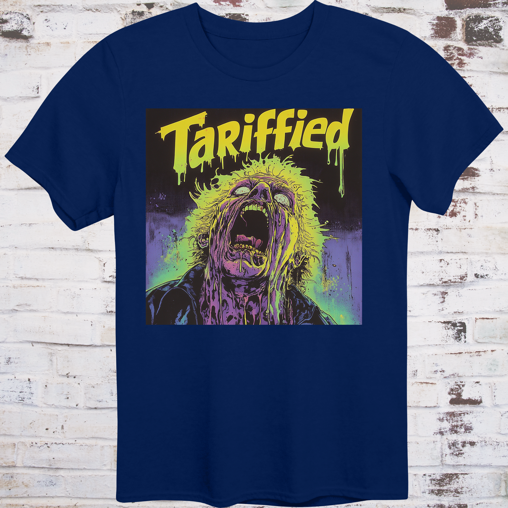 Navy t-shirt featuring a neon horror comic-style illustration  
of a screaming figure melting in slime with text “Tariffied” –  
anti-Trump parody shirt by Democratee’s