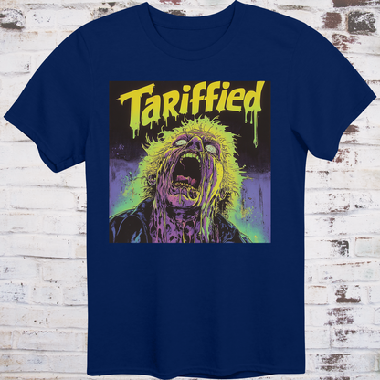 Navy t-shirt featuring a neon horror comic-style illustration  
of a screaming figure melting in slime with text “Tariffied” –  
anti-Trump parody shirt by Democratee’s