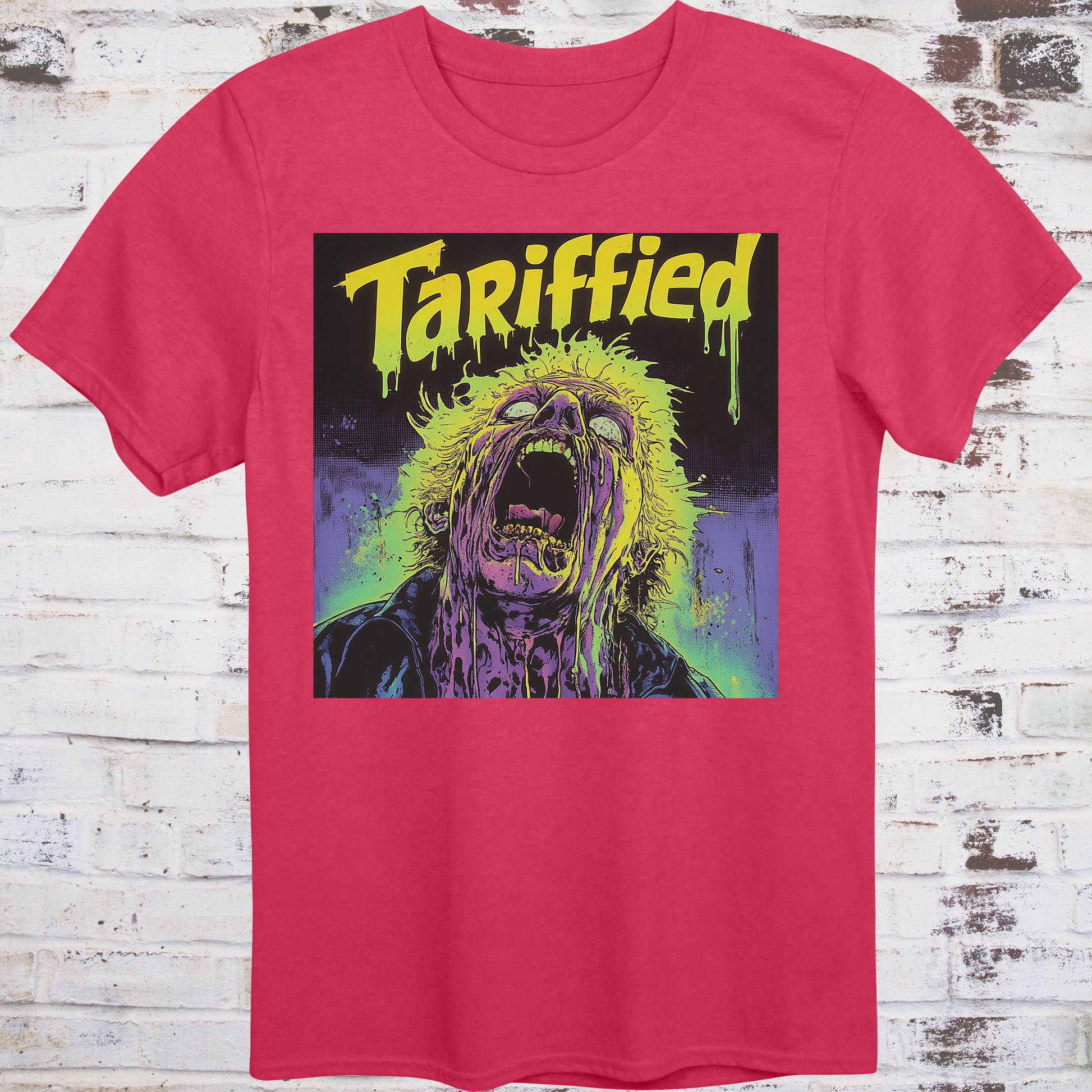 Red t-shirt featuring a neon horror comic-style illustration  
of a screaming figure melting in slime with text “Tariffied” –  
anti-Trump parody shirt by Democratee’s