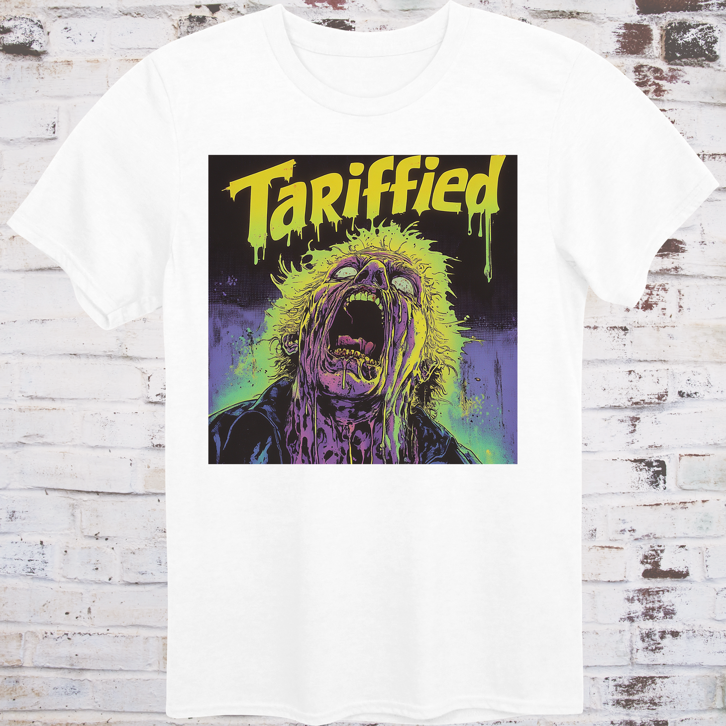 White t-shirt featuring a neon horror comic-style illustration  
of a screaming figure melting in slime with text “Tariffied” –  
anti-Trump parody shirt by Democratee’s