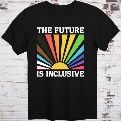 Black t-shirt with retro-style sunburst in progress pride flag colors  
and bold white text reading "The Future Is Inclusive" –  
intersectional activist shirt by Democratee’s