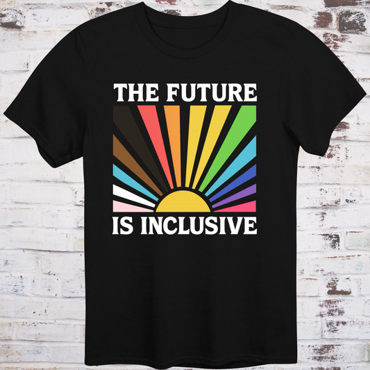 Black t-shirt with retro-style sunburst in progress pride flag colors  
and bold white text reading "The Future Is Inclusive" –  
intersectional activist shirt by Democratee’s