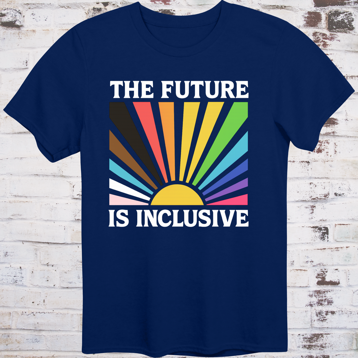 Navy t-shirt with retro-style sunburst in progress pride flag colors  
and bold white text reading "The Future Is Inclusive" –  
intersectional activist shirt by Democratee’s