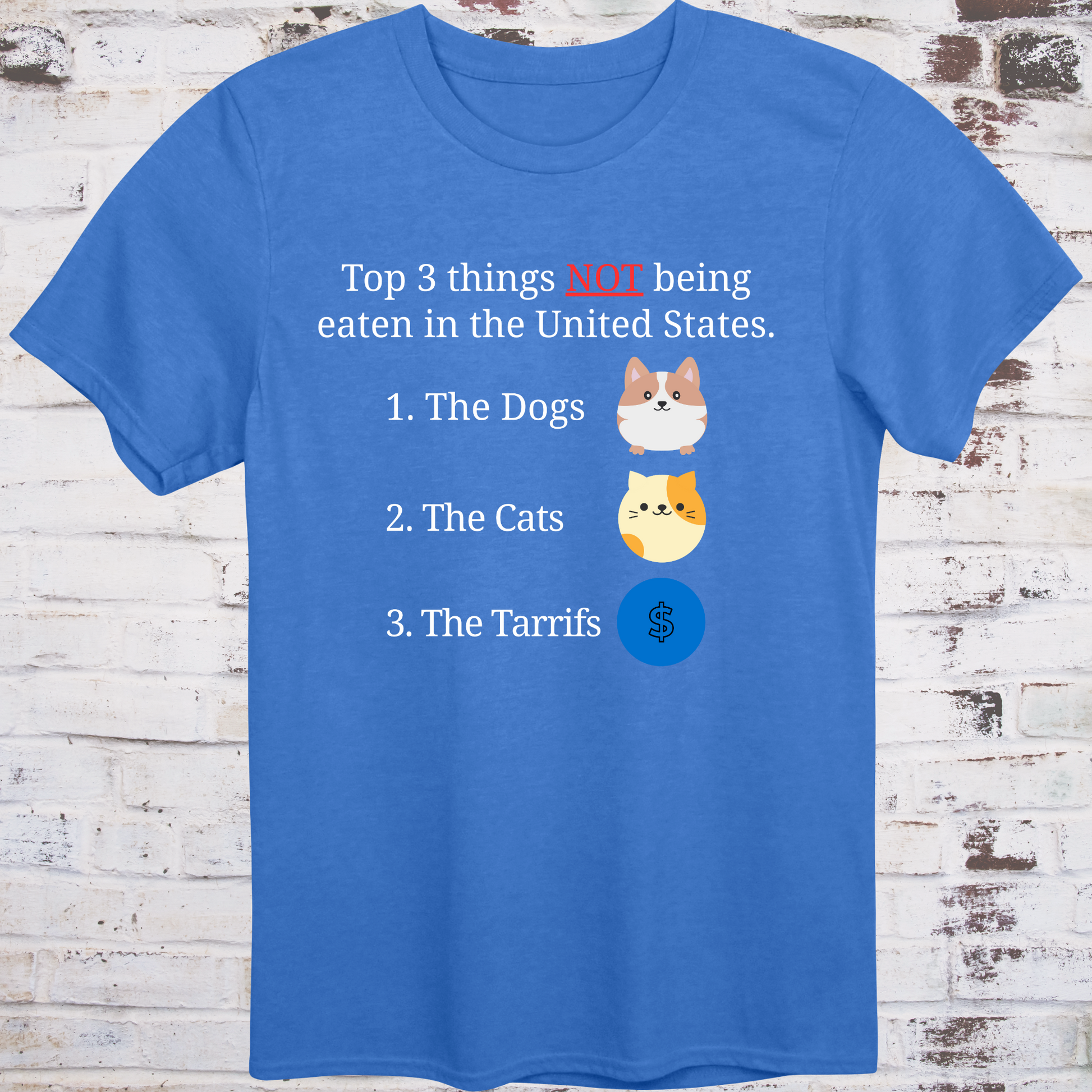 Blue t-shirt with cartoon icons of a dog, a cat, and a dollar sign  
next to text listing “Top 3 Things NOT Being Eaten in the United States” –  
funny political parody shirt by Democratee’s