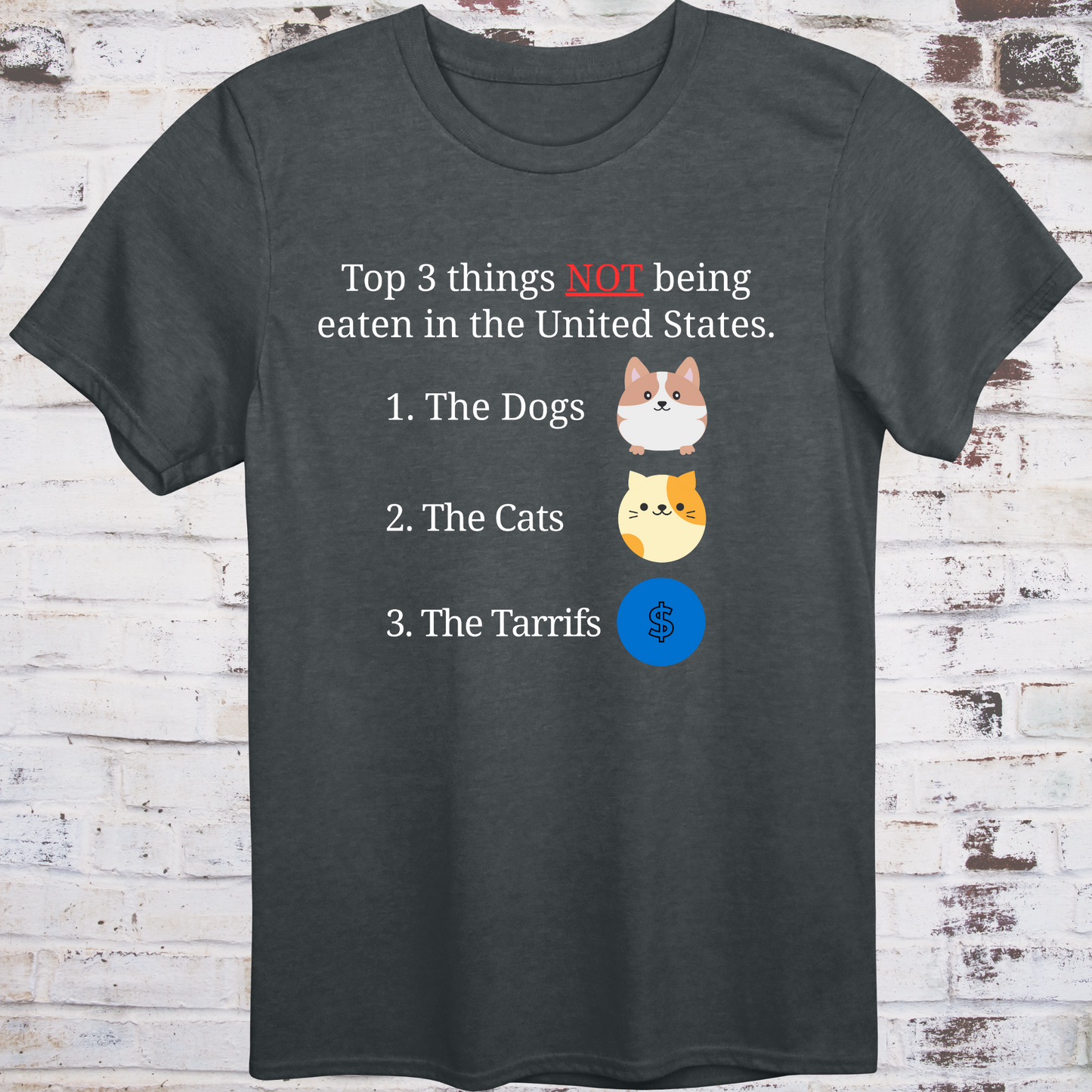 Gray t-shirt with cartoon icons of a dog, a cat, and a dollar sign  
next to text listing “Top 3 Things NOT Being Eaten in the United States” –  
funny political parody shirt by Democratee’s