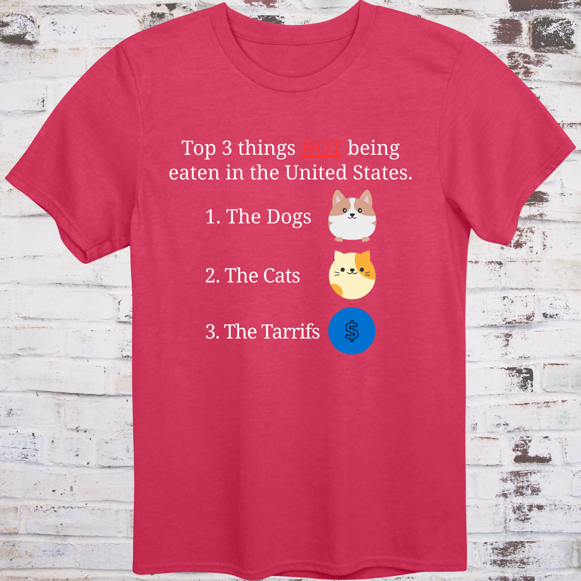 Red t-shirt with cartoon icons of a dog, a cat, and a dollar sign  
next to text listing “Top 3 Things NOT Being Eaten in the United States” –  
funny political parody shirt by Democratee’s