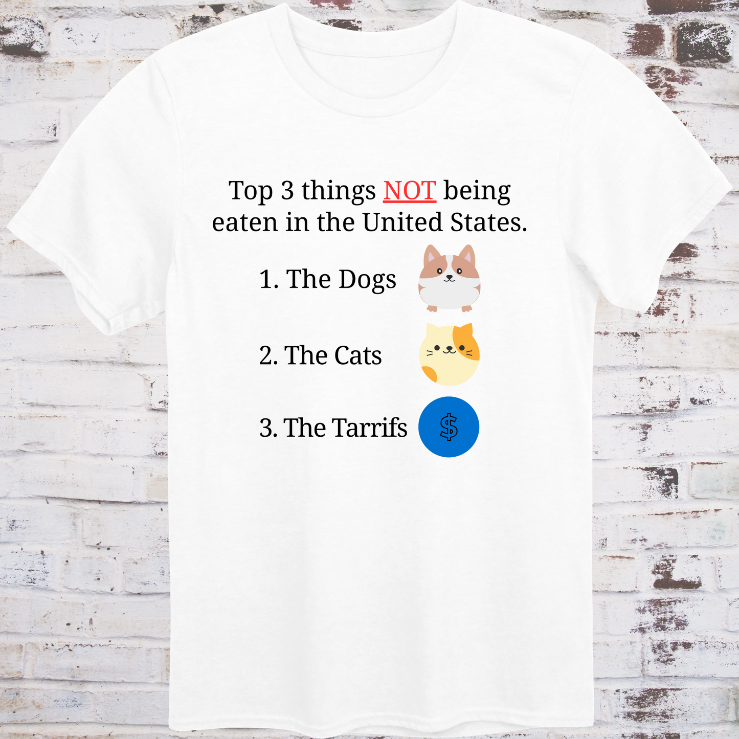 White t-shirt with cartoon icons of a dog, a cat, and a dollar sign  
next to text listing “Top 3 Things NOT Being Eaten in the United States” –  
funny political parody shirt by Democratee’s