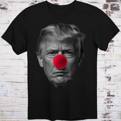 Black t-shirt featuring a high-contrast black-and-white photo  
of Donald Trump’s face with a large red clown nose –  
minimalist parody protest shirt by Democratee’s