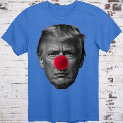 Blue t-shirt featuring a high-contrast black-and-white photo  
of Donald Trump’s face with a large red clown nose –  
minimalist parody protest shirt by Democratee’s