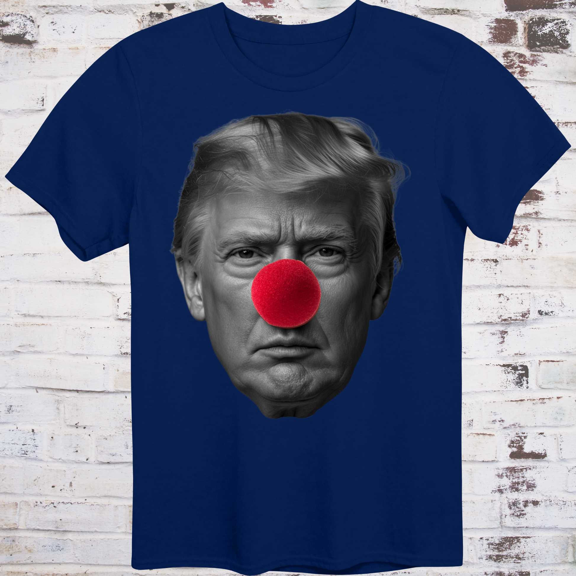Navy t-shirt featuring a high-contrast black-and-white photo  
of Donald Trump’s face with a large red clown nose –  
minimalist parody protest shirt by Democratee’s
