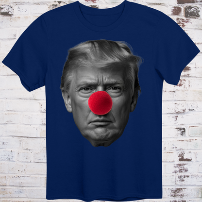 Navy t-shirt featuring a high-contrast black-and-white photo  
of Donald Trump’s face with a large red clown nose –  
minimalist parody protest shirt by Democratee’s
