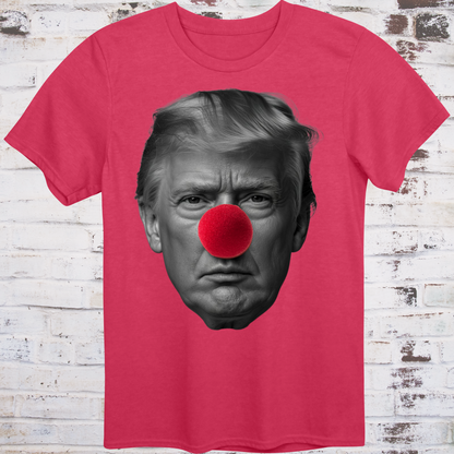 Red t-shirt featuring a high-contrast black-and-white photo  
of Donald Trump’s face with a large red clown nose –  
minimalist parody protest shirt by Democratee’s