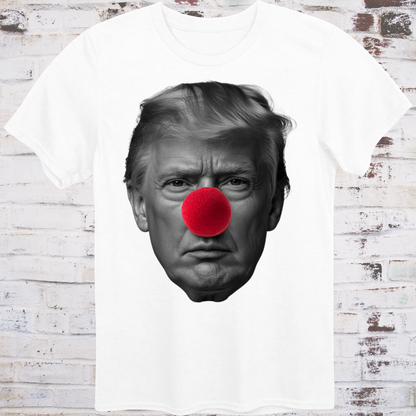 White t-shirt featuring a high-contrast black-and-white photo  
of Donald Trump’s face with a large red clown nose –  
minimalist parody protest shirt by Democratee’s