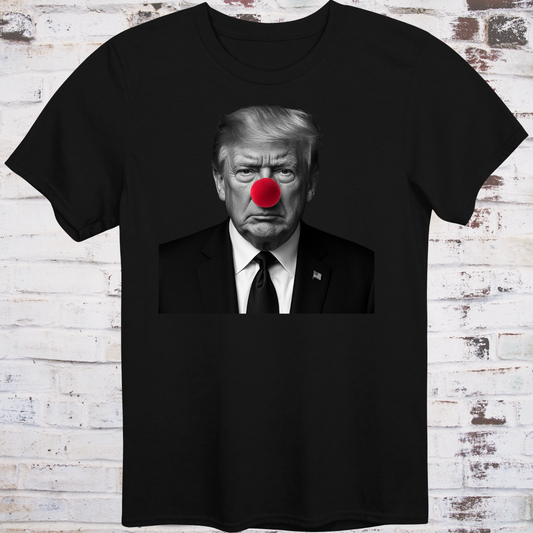 Black t-shirt with black-and-white photo of Donald Trump wearing a red clown nose –  
minimalist parody protest shirt by Democratee’s