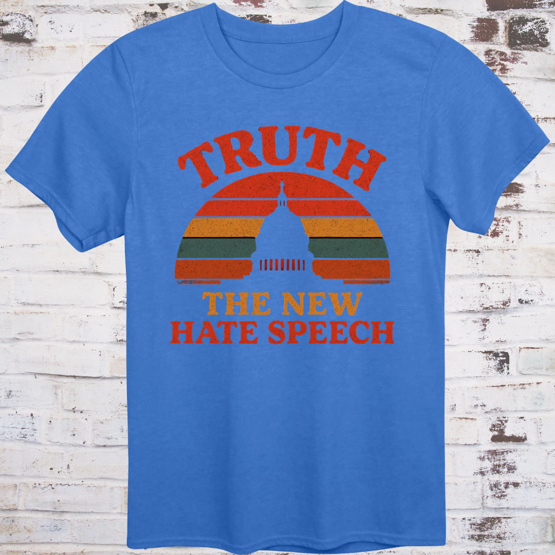 Blue t-shirt with vintage-style “Truth: The New Hate Speech” graphic and Capitol dome silhouette over sunset stripes