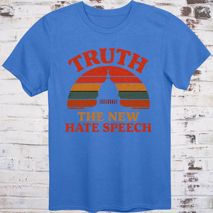 Blue t-shirt with vintage-style “Truth: The New Hate Speech” graphic and Capitol dome silhouette over sunset stripes