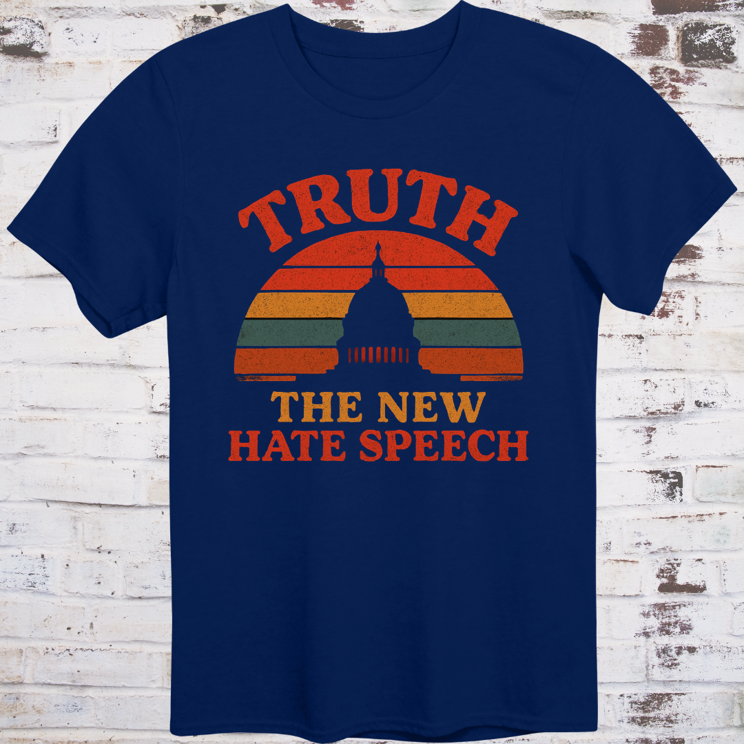 Navy t-shirt with vintage-style “Truth: The New Hate Speech” graphic and Capitol dome silhouette over sunset stripes