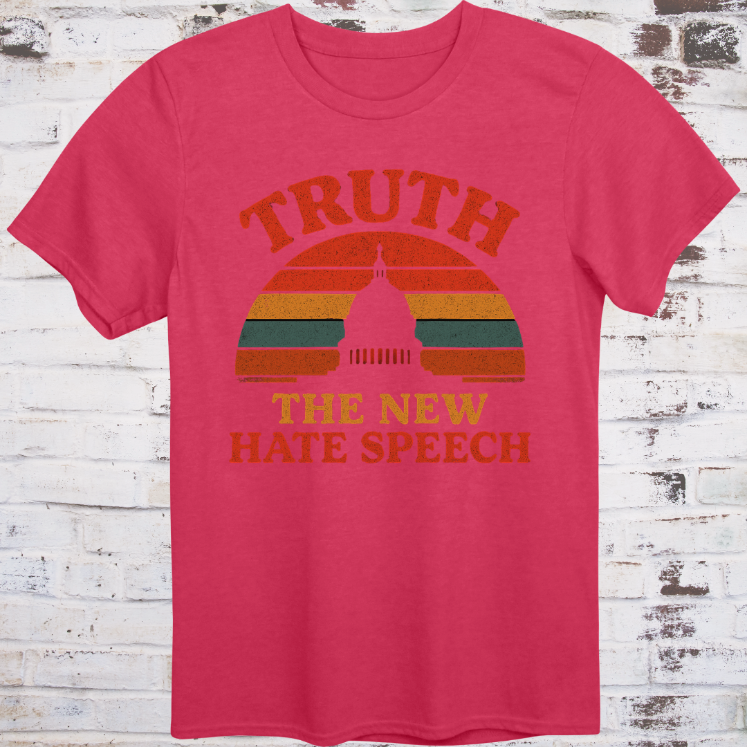 Red t-shirt with vintage-style “Truth: The New Hate Speech” graphic and Capitol dome silhouette over sunset stripes