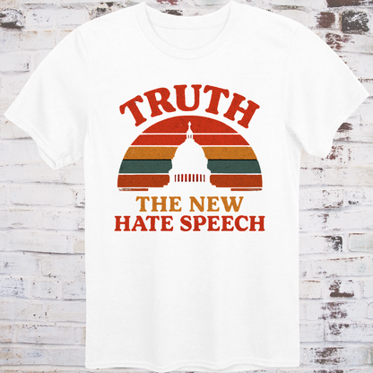 White t-shirt with vintage-style “Truth: The New Hate Speech” graphic and Capitol dome silhouette over sunset stripes
