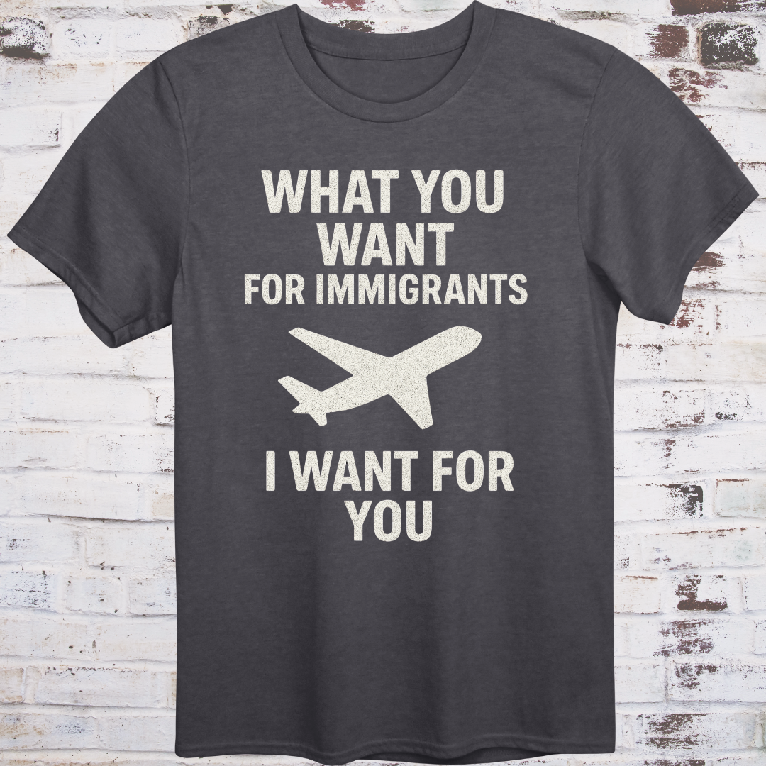 Gray T-shirt with airplane graphic and text: "What You Want for Immigrants, I Want for You"