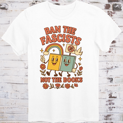 Retro-style cartoon books holding signs with rainbow and peace symbols, text “Ban the Fascists, Not the Books”