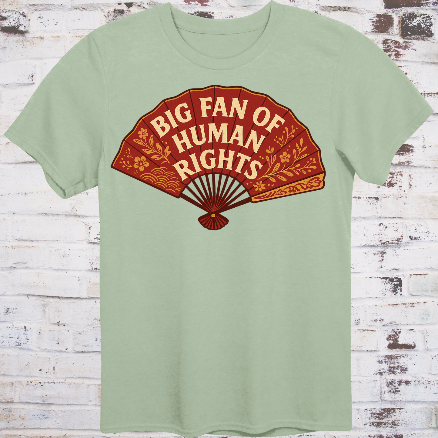 Light green t-shirt with a red fan graphic and 'Big Fan of Human Rights' text on a wooden background