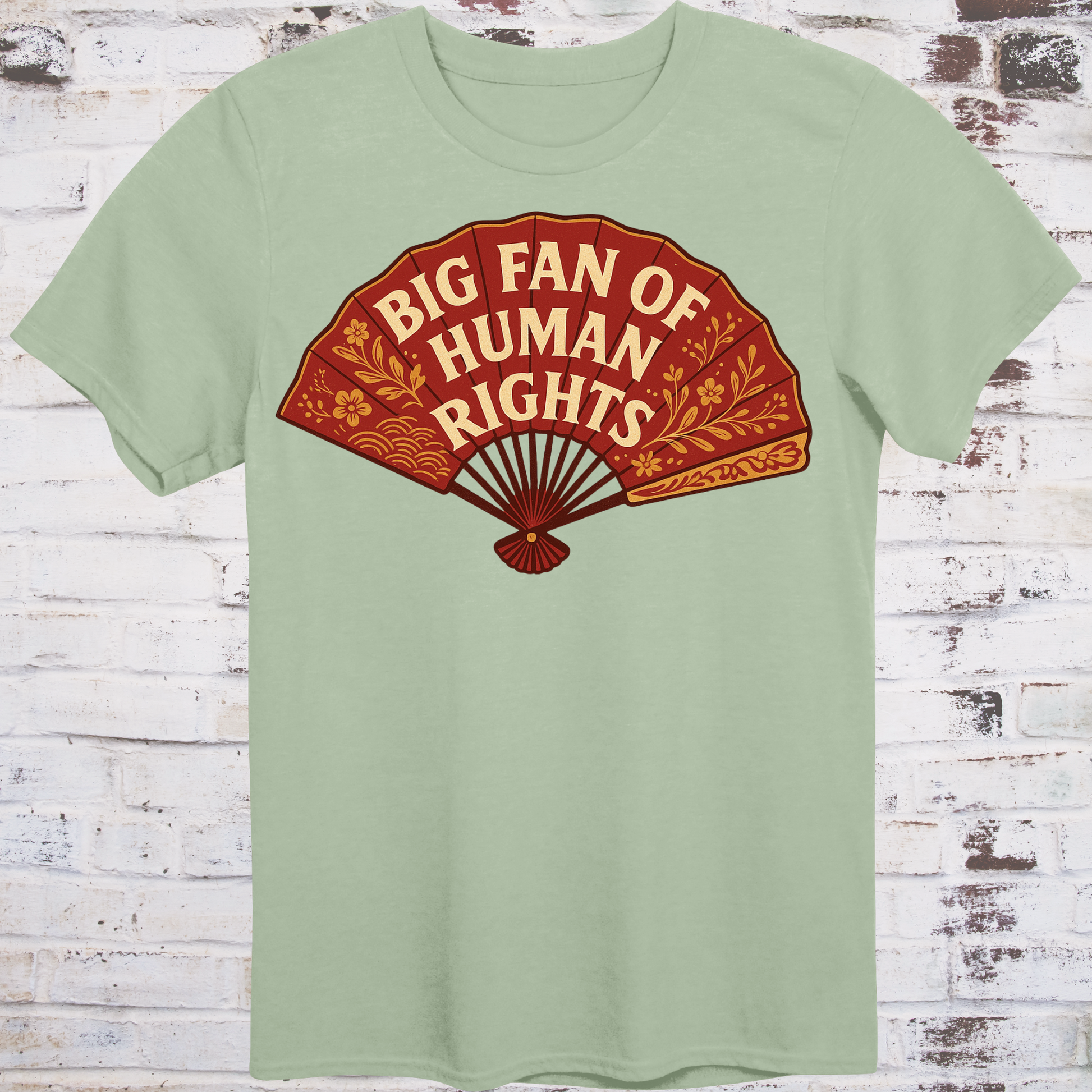 Light green t-shirt with a red fan graphic and 'Big Fan of Human Rights' text on a wooden background