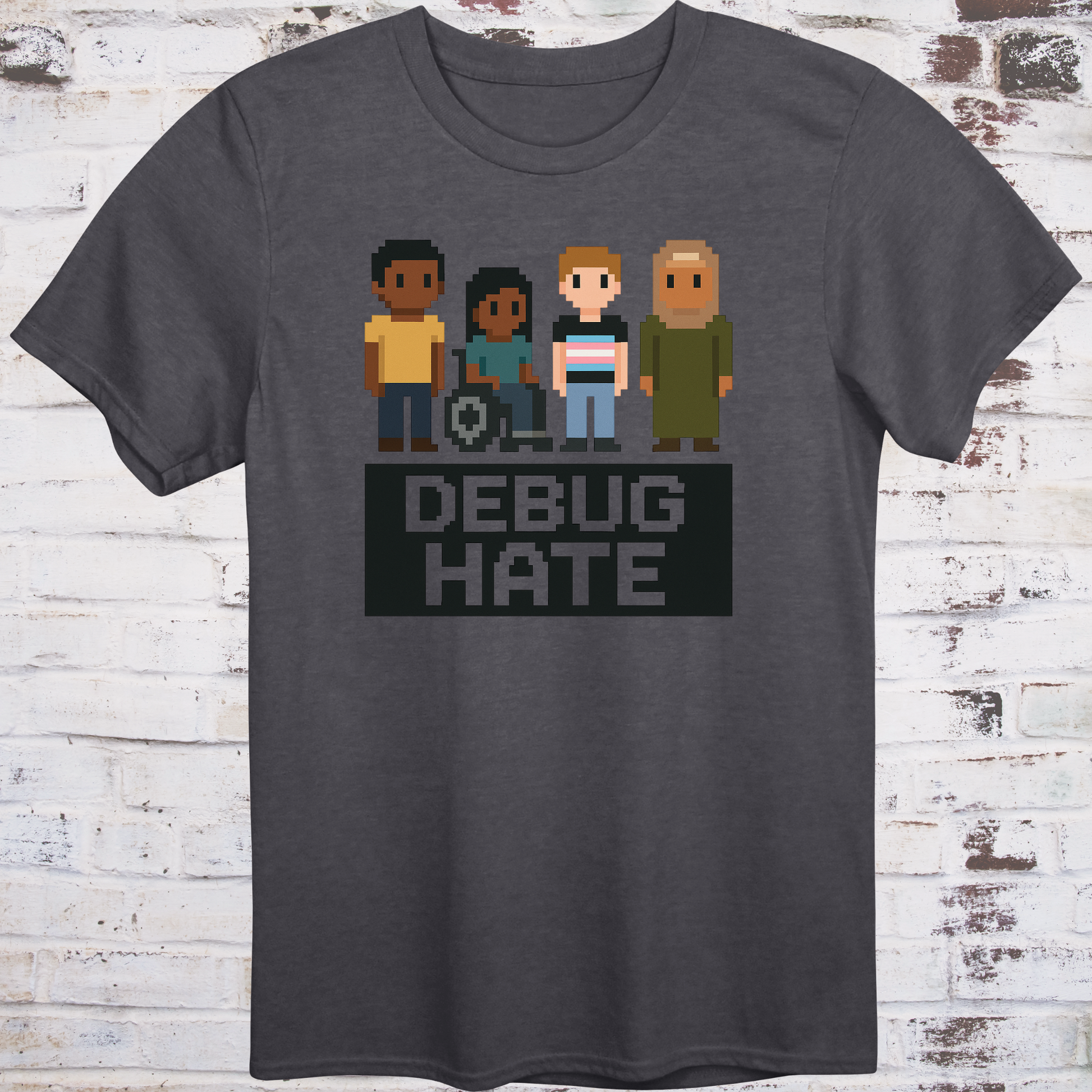 Pixel-style characters of diverse backgrounds with bold text “Debug Hate”