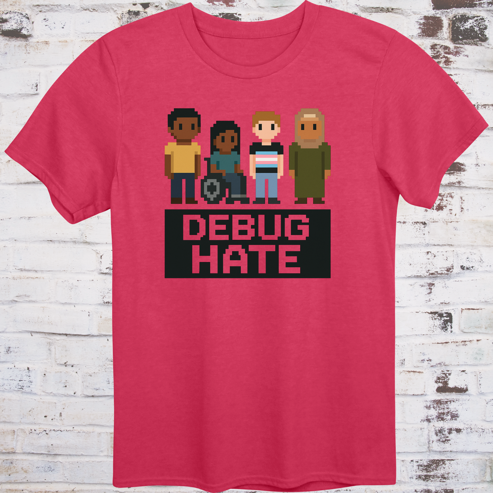 Pixel-style characters of diverse backgrounds with bold text “Debug Hate”