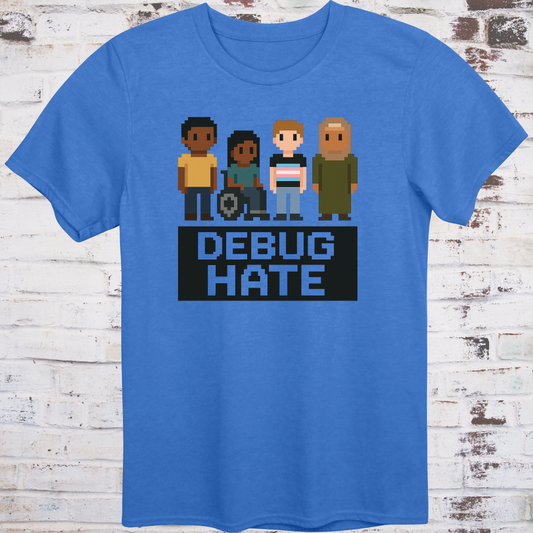 Pixel-style characters of diverse backgrounds with bold text “Debug Hate”