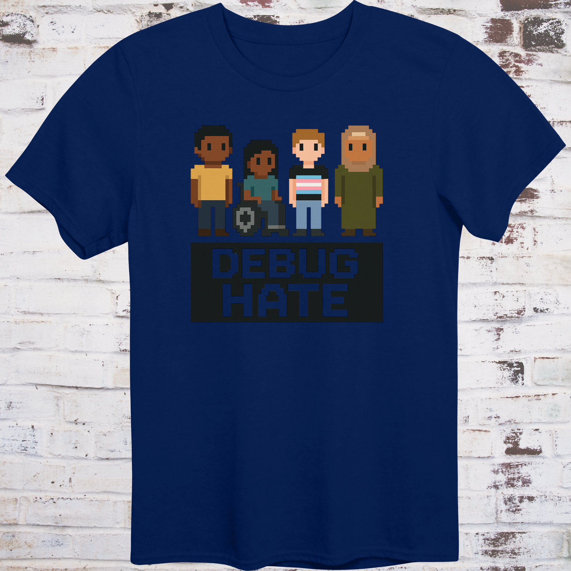 Pixel-style characters of diverse backgrounds with bold text “Debug Hate”