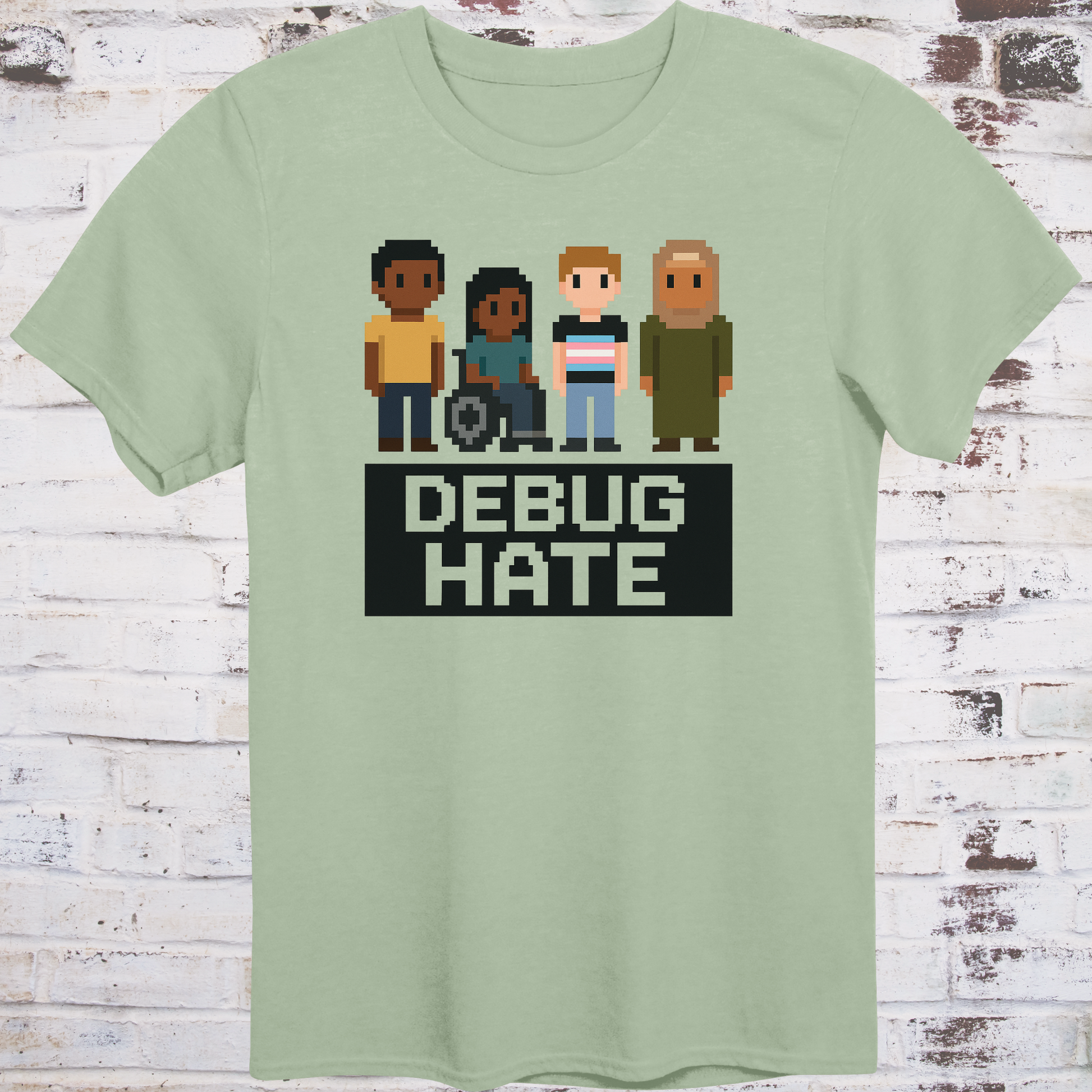 Pixel-style characters of diverse backgrounds with bold text “Debug Hate”