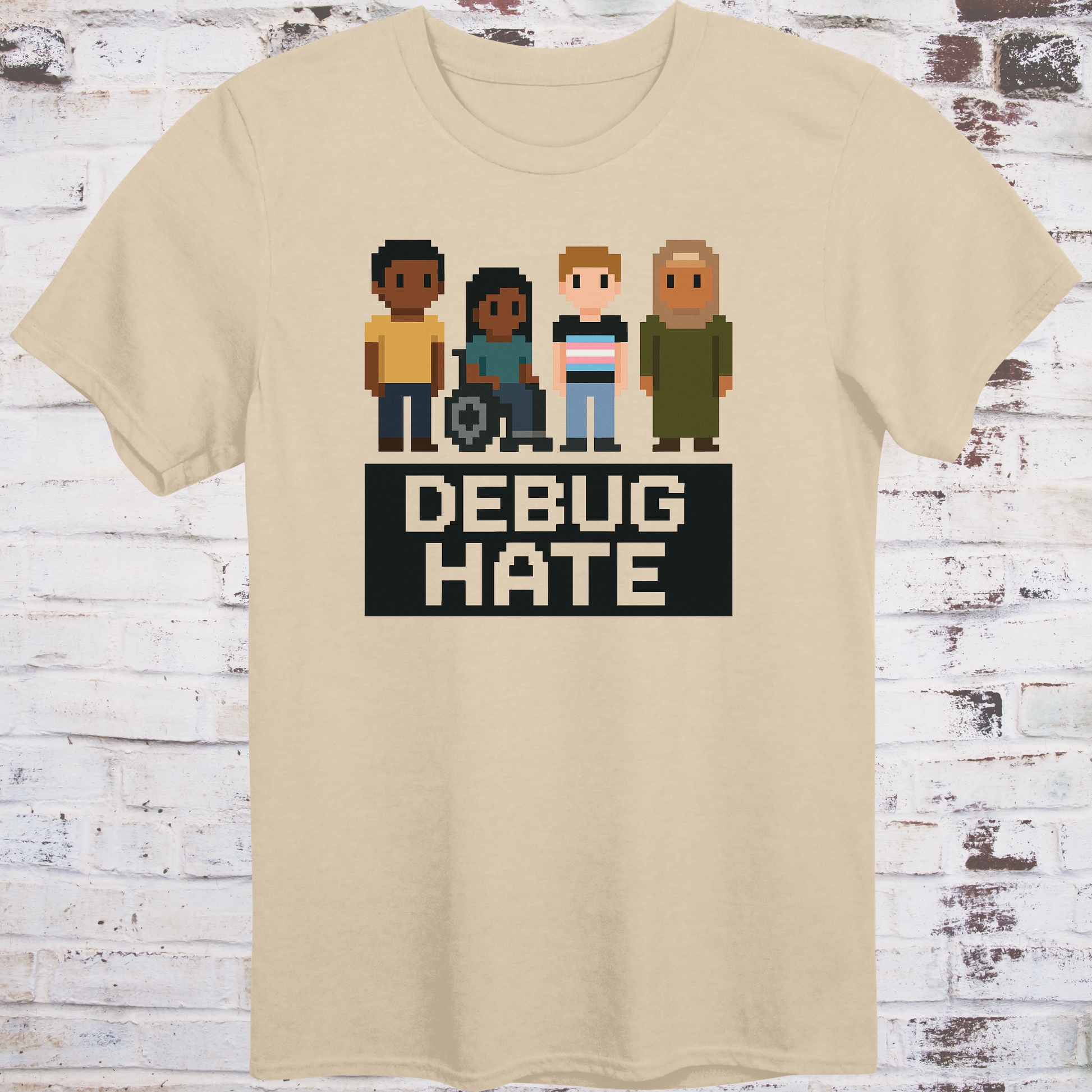Pixel-style characters of diverse backgrounds with bold text “Debug Hate”