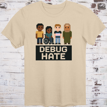 Pixel-style characters of diverse backgrounds with bold text “Debug Hate”