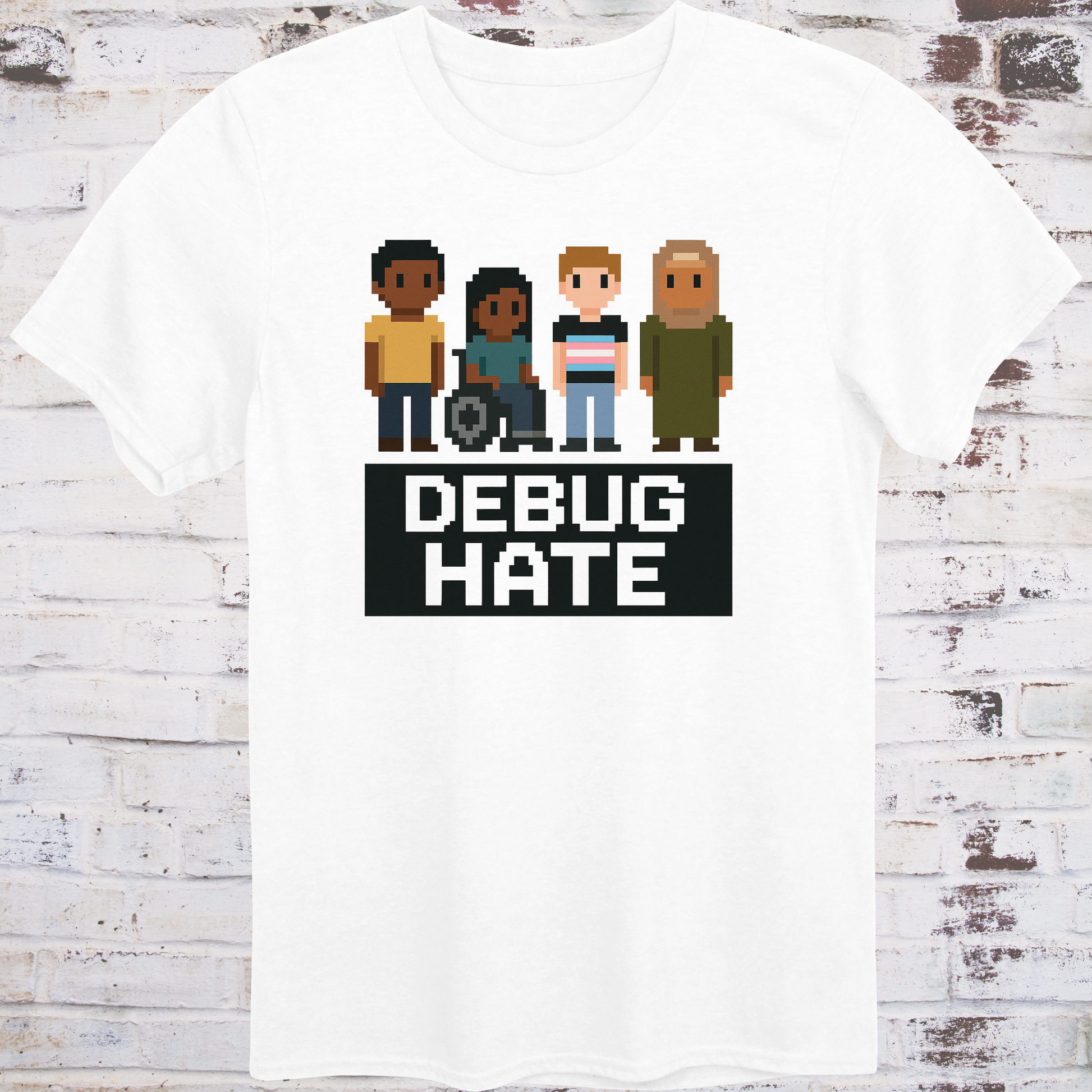 Pixel-style characters of diverse backgrounds with bold text “Debug Hate”