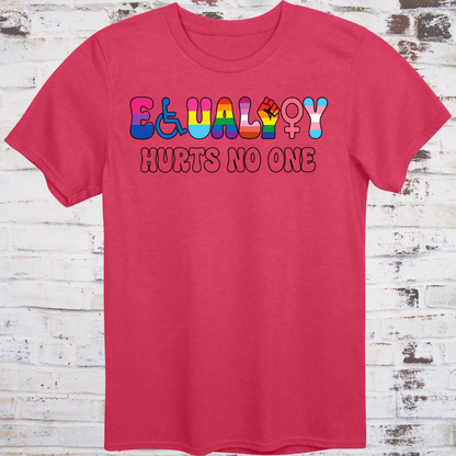 The word EQUALITY spelled using inclusive movement symbols — wheelchair icon, lambda, progress pride fist, lesbian symbol, Venus sign, and trans symbol — above HURTS NO ONE in bold white text on a dark background.