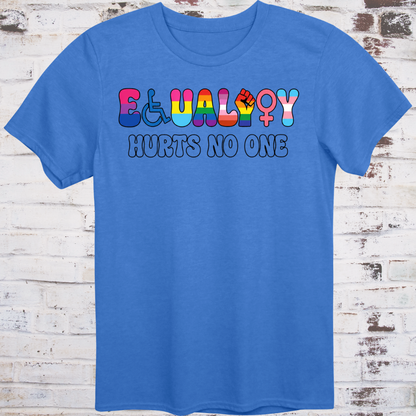 The word EQUALITY spelled using inclusive movement symbols — wheelchair icon, lambda, progress pride fist, lesbian symbol, Venus sign, and trans symbol — above HURTS NO ONE in bold white text on a dark background.
