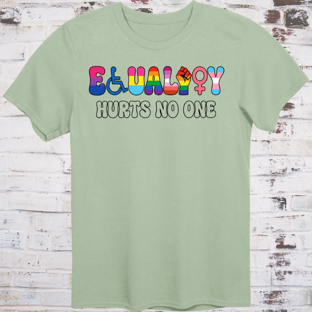 The word EQUALITY spelled using inclusive movement symbols — wheelchair icon, lambda, progress pride fist, lesbian symbol, Venus sign, and trans symbol — above HURTS NO ONE in bold white text on a dark background.