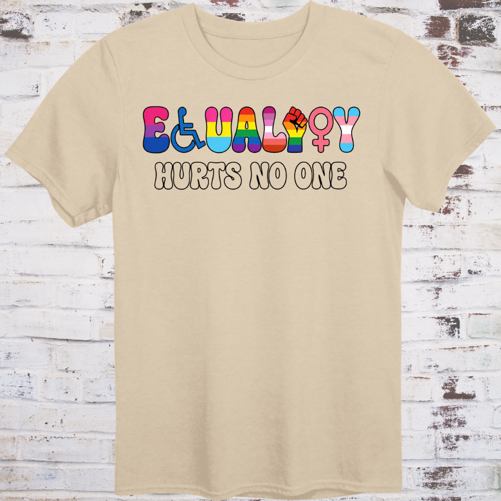 The word EQUALITY spelled using inclusive movement symbols — wheelchair icon, lambda, progress pride fist, lesbian symbol, Venus sign, and trans symbol — above HURTS NO ONE in bold white text on a dark background.